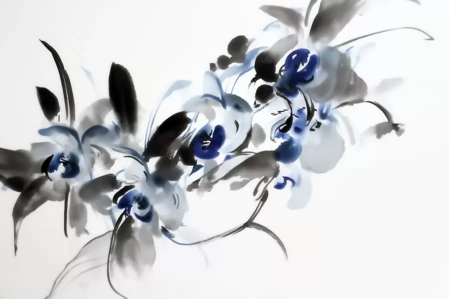 Fotobehang elegante abstracte bloemen in een oosterse aquarelstijl met blauwe en zwarte accenten, orchideeën w09797