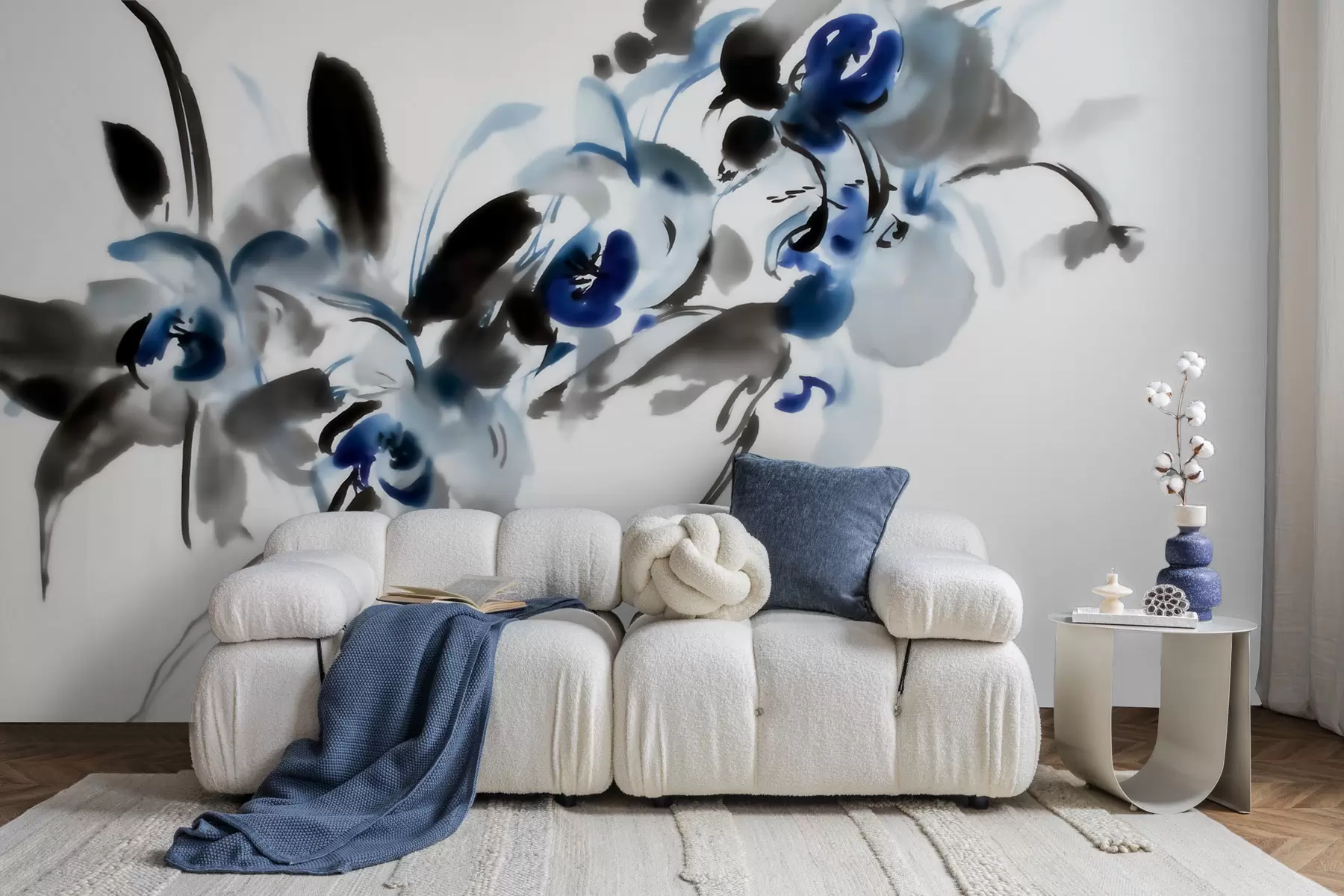 Fotobehang elegante abstracte bloemen in een oosterse aquarelstijl met blauwe en zwarte accenten, orchideeën w09797
