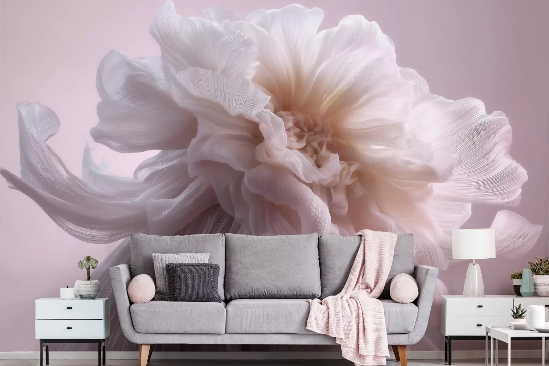 Fotobehang Volumineuze zijden bloem in zachte roze en beige tinten w09809