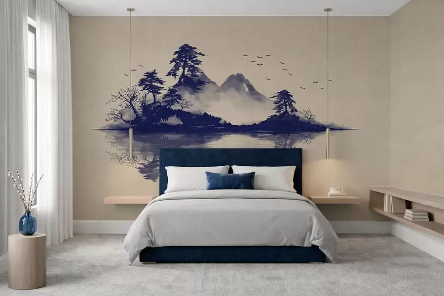 Fotobehang Sumi-e-berglandschap in blauwtinten w05124v2