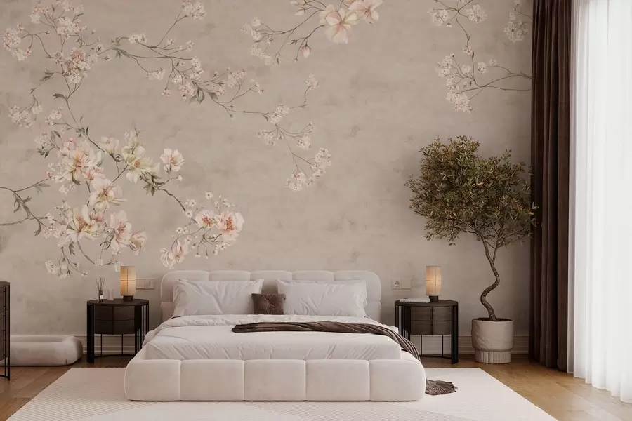 Papier peint photo Branches fleuries délicates de style chinoiserie sur fond clair w05427