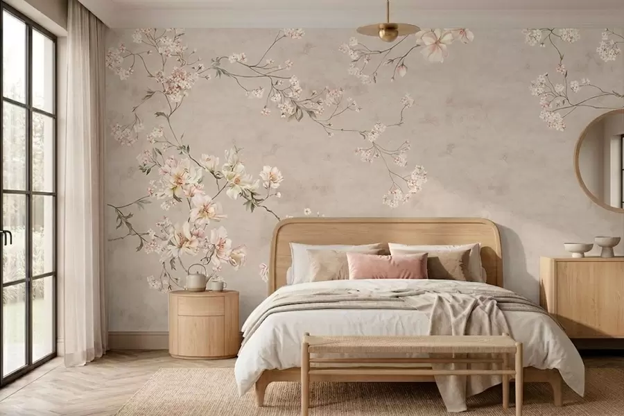 Papier peint photo Branches fleuries délicates de style chinoiserie sur fond clair w05427