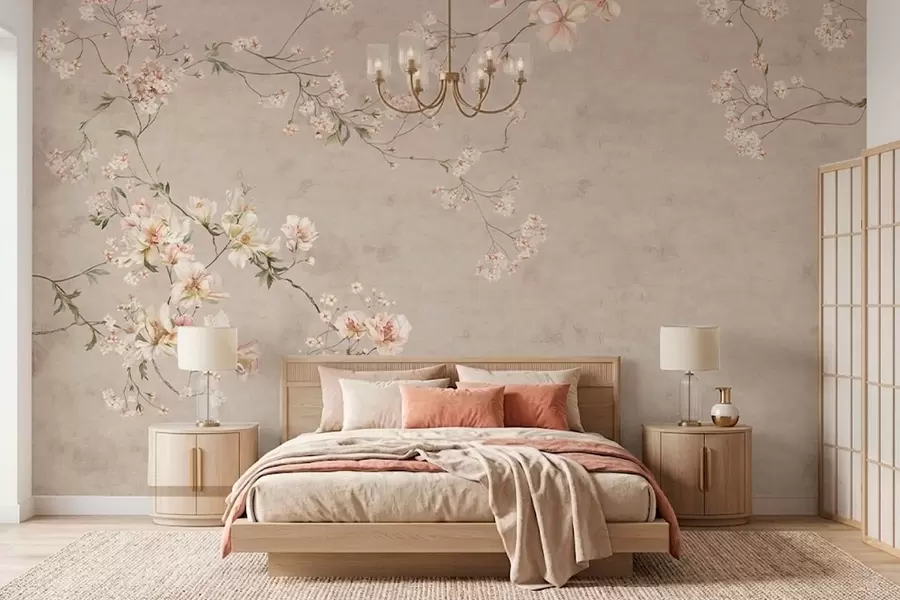 Fotobehang Chinoiserie: delicate bloemtakken op een lichte achtergrond w05427