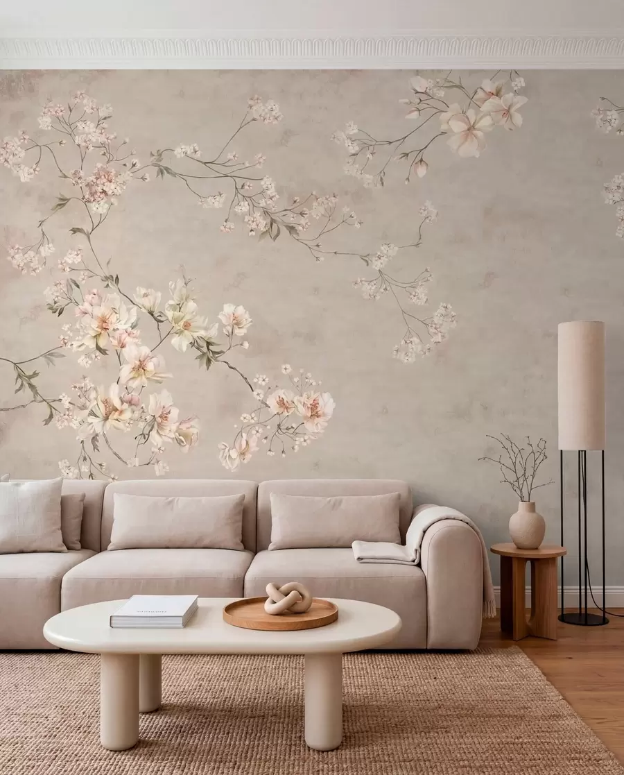 Fotobehang Chinoiserie: delicate bloemtakken op een lichte achtergrond w05427