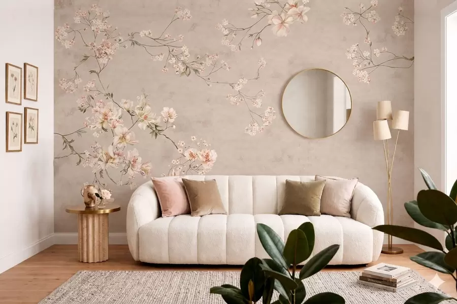 Fotobehang Chinoiserie: delicate bloemtakken op een lichte achtergrond w05427