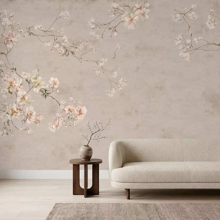 Papier peint photo Branches fleuries délicates de style chinoiserie sur fond clair w05427