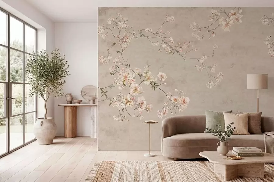 Fotobehang Chinoiserie: delicate bloemtakken op een lichte achtergrond w05427