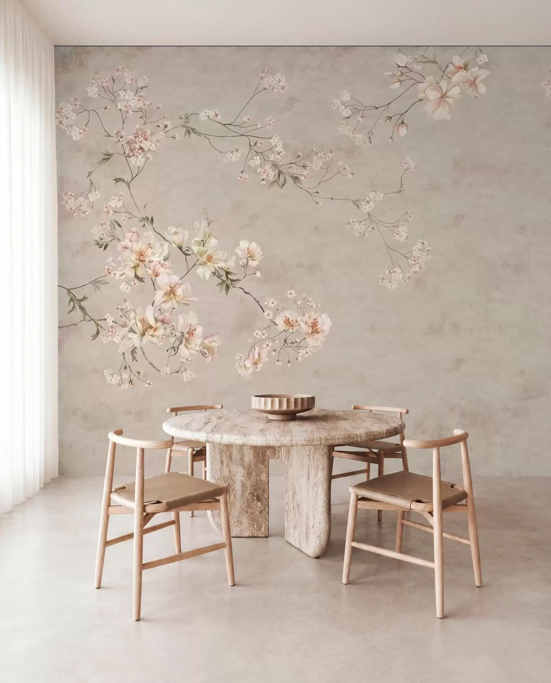 Papier peint photo Branches fleuries délicates de style chinoiserie sur fond clair w05427