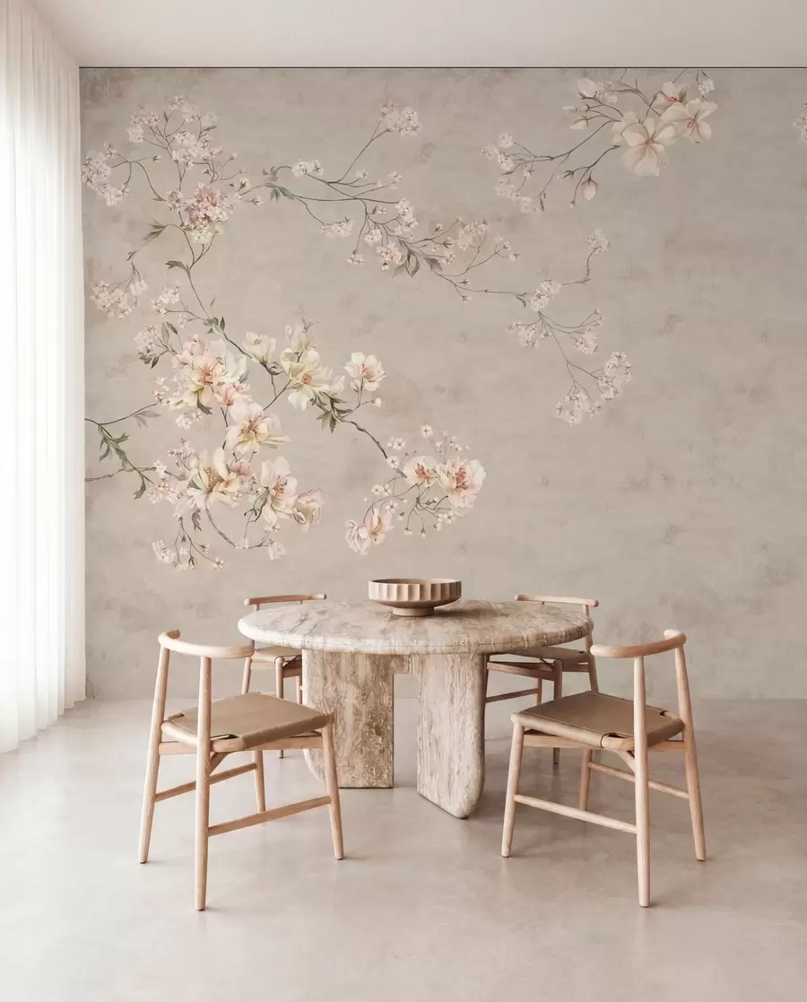 Papier peint photo Branches fleuries délicates de style chinoiserie sur fond clair w05427