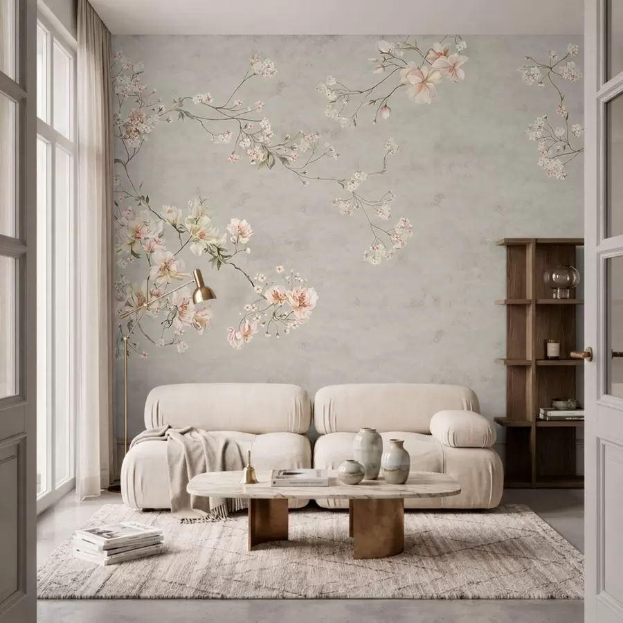 Fotobehang Bloemtakken in chinoiserie-stijl op een grijze achtergrond w05427v1