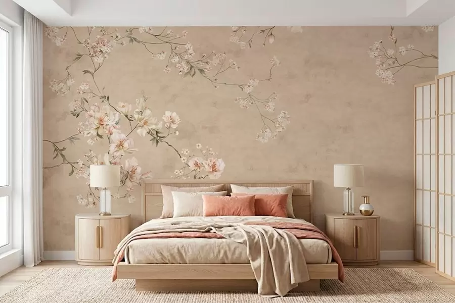 Fotobehang Bloemtakken in chinoiserie-stijl op een warmbeige achtergrond w05427v2