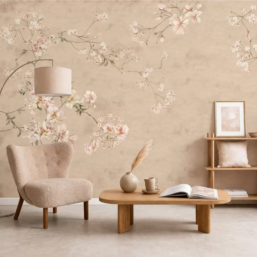 Papier peint photo Branches florales de style chinoiserie sur fond beige chaud w05427v2