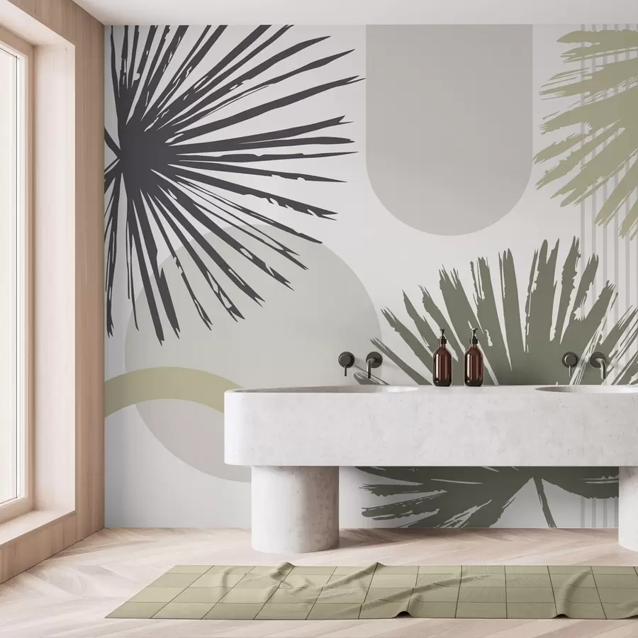 Fotobehang Abstracte compositie met planten- en geometrische silhouetten w05505v2