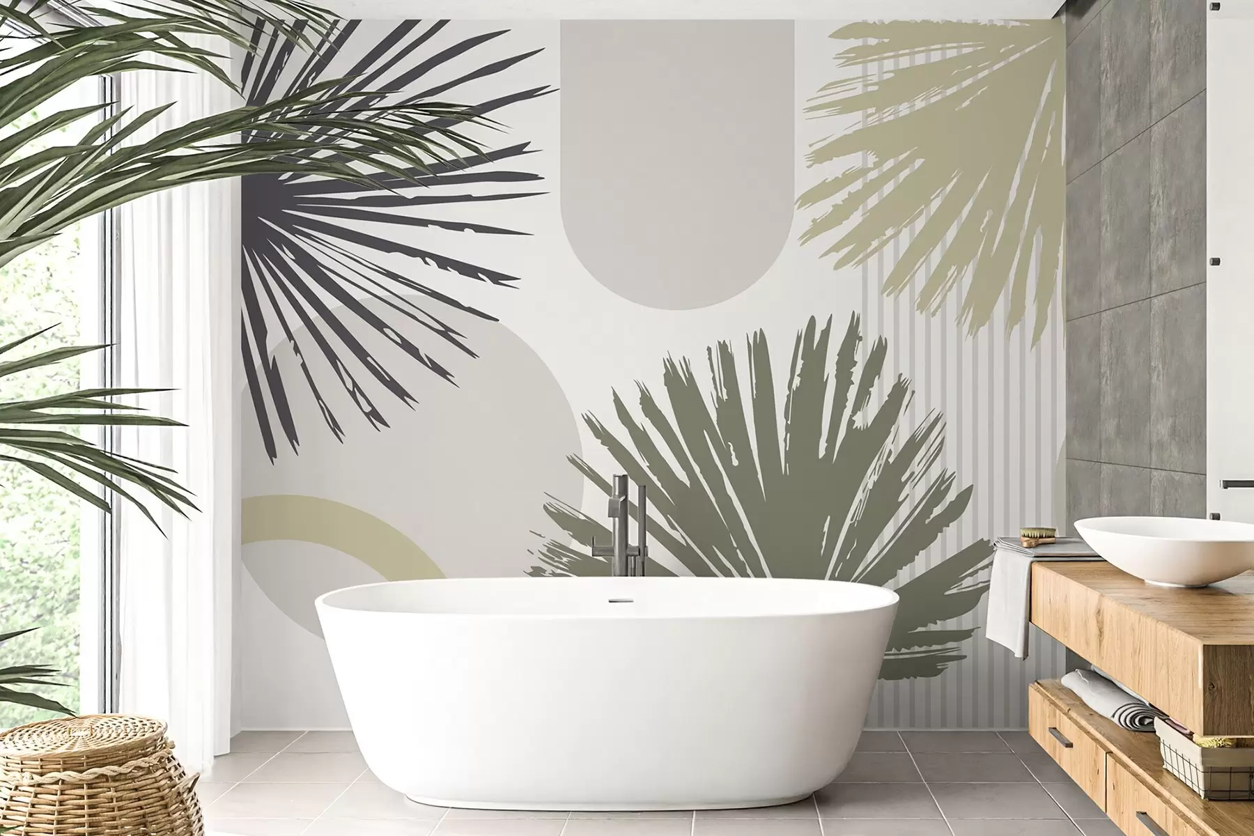 Fotobehang Abstracte compositie met planten- en geometrische silhouetten w05505v2