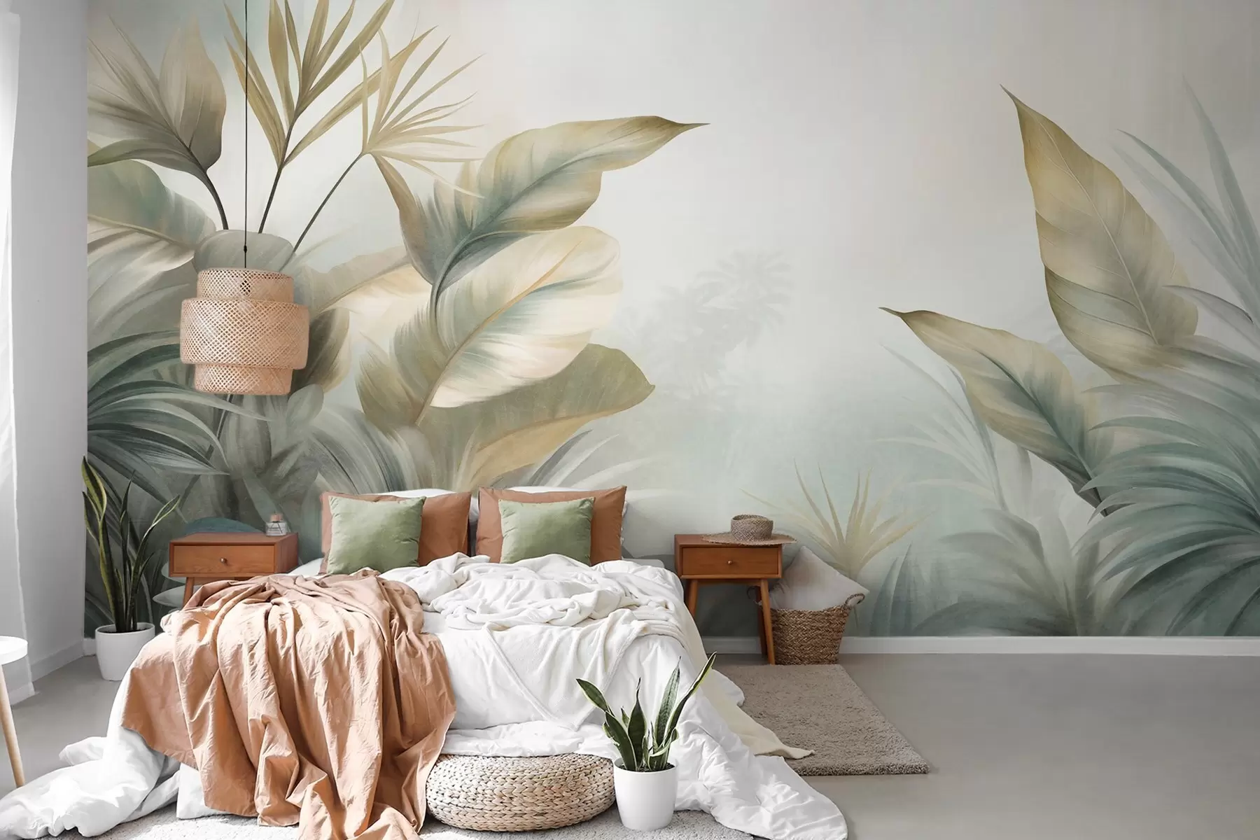Papier peint photo De grandes feuilles tropicales texturées dans des tons verts et beiges discrets, un décor de jungle w09820