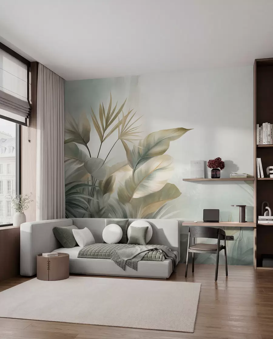 Papier peint photo De grandes feuilles tropicales texturées dans des tons verts et beiges discrets, un décor de jungle w09820