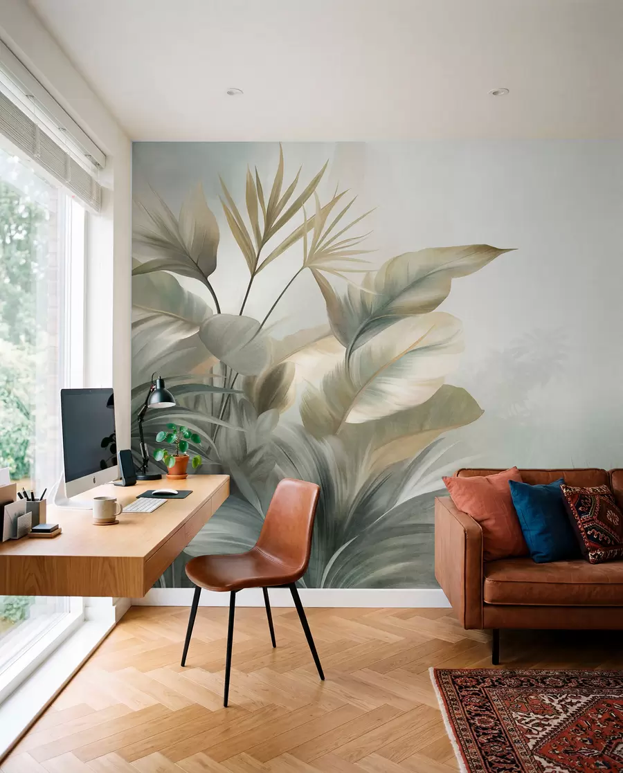 Fotobehang Grote, gestructureerde tropische bladeren in gedempte groene en beige tinten, een jungleomgeving w09820
