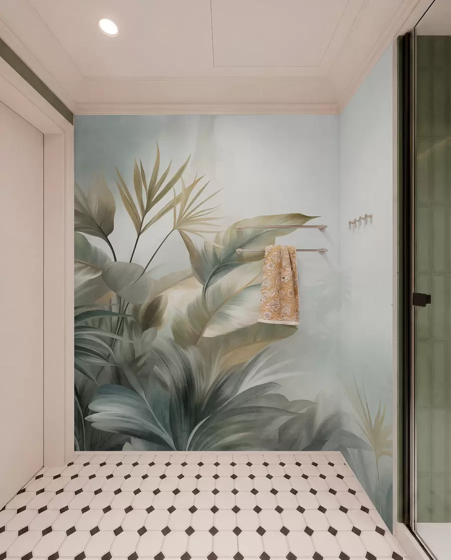 Fotobehang Grote, gestructureerde tropische bladeren in gedempte groene en beige tinten, een jungleomgeving w09820