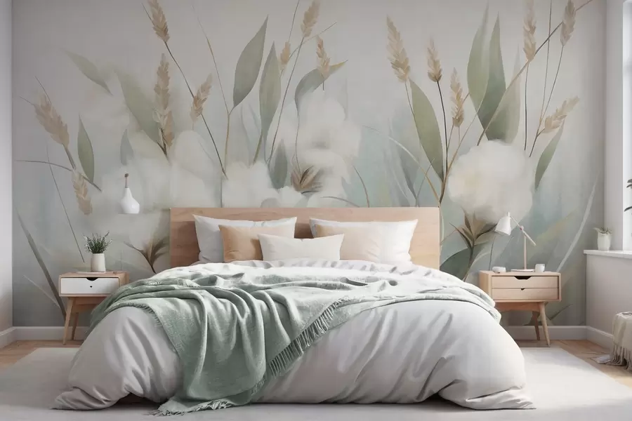 Fotobehang Witte gedroogde bloemen en hoog gras tegen een zachte, ingetogen achtergrond, geschilderd in impressionistische stijl w09823