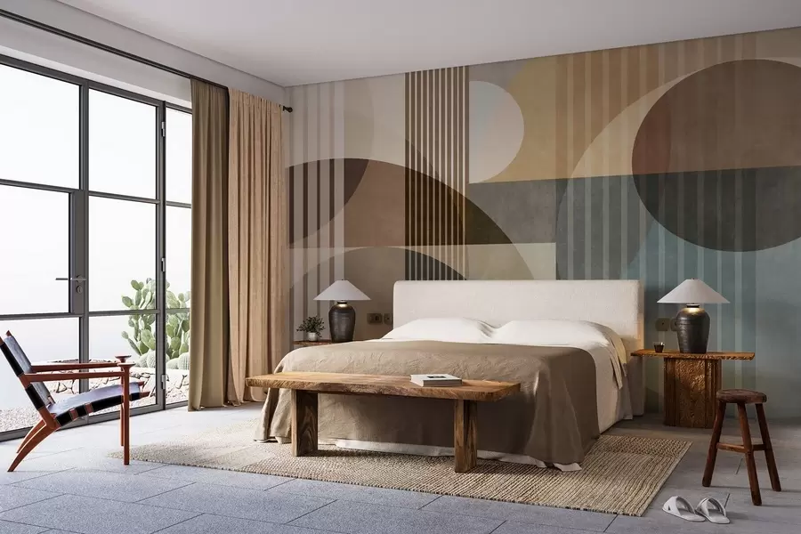 Fotobehang Abstracte geometrische vormen met cirkels en lijnen, ingetogen aardetinten, een compositie met textuur en gelaagdheid w09834