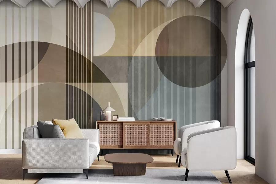 Fotobehang Abstracte geometrische vormen met cirkels en lijnen, ingetogen aardetinten, een compositie met textuur en gelaagdheid w09834