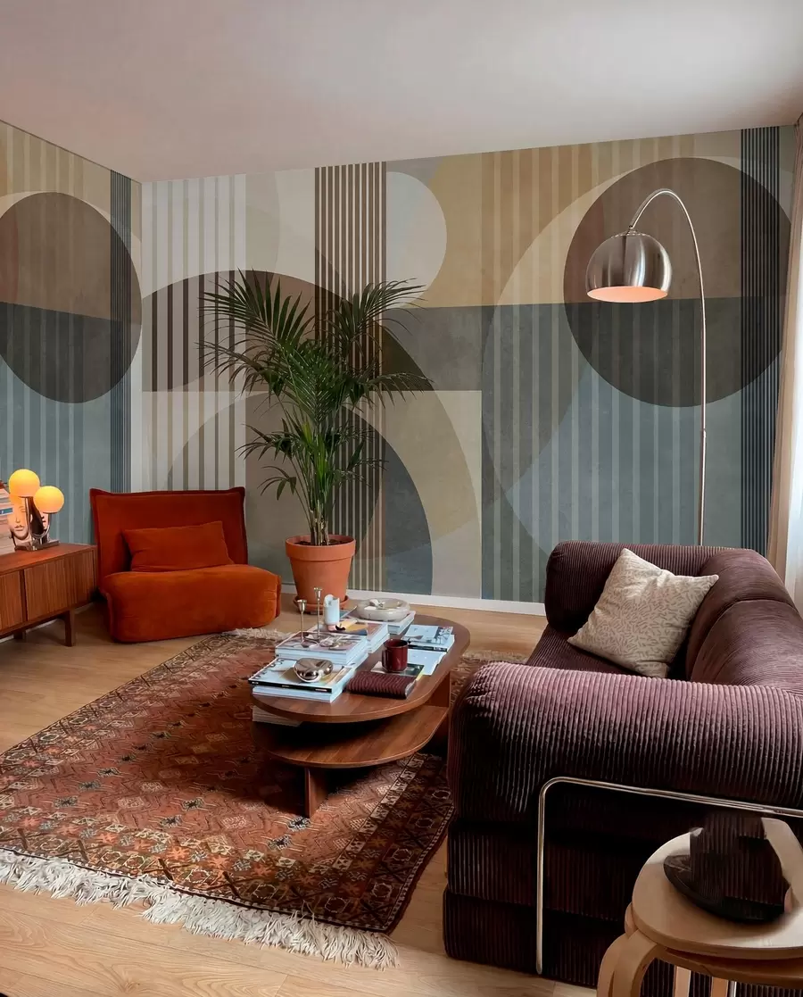 Fotobehang Abstracte geometrische vormen met cirkels en lijnen, ingetogen aardetinten, een compositie met textuur en gelaagdheid w09834