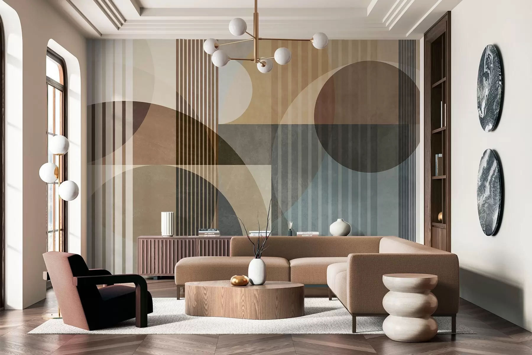 Fotobehang Abstracte geometrische vormen met cirkels en lijnen, ingetogen aardetinten, een compositie met textuur en gelaagdheid w09834
