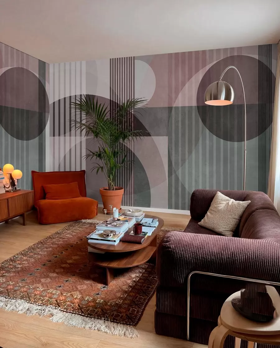 Fotobehang Abstracte geometrische vormen met cirkels en lijnen, ingetogen tinten, een compositie met textuur en gelaagdheid w09834v1
