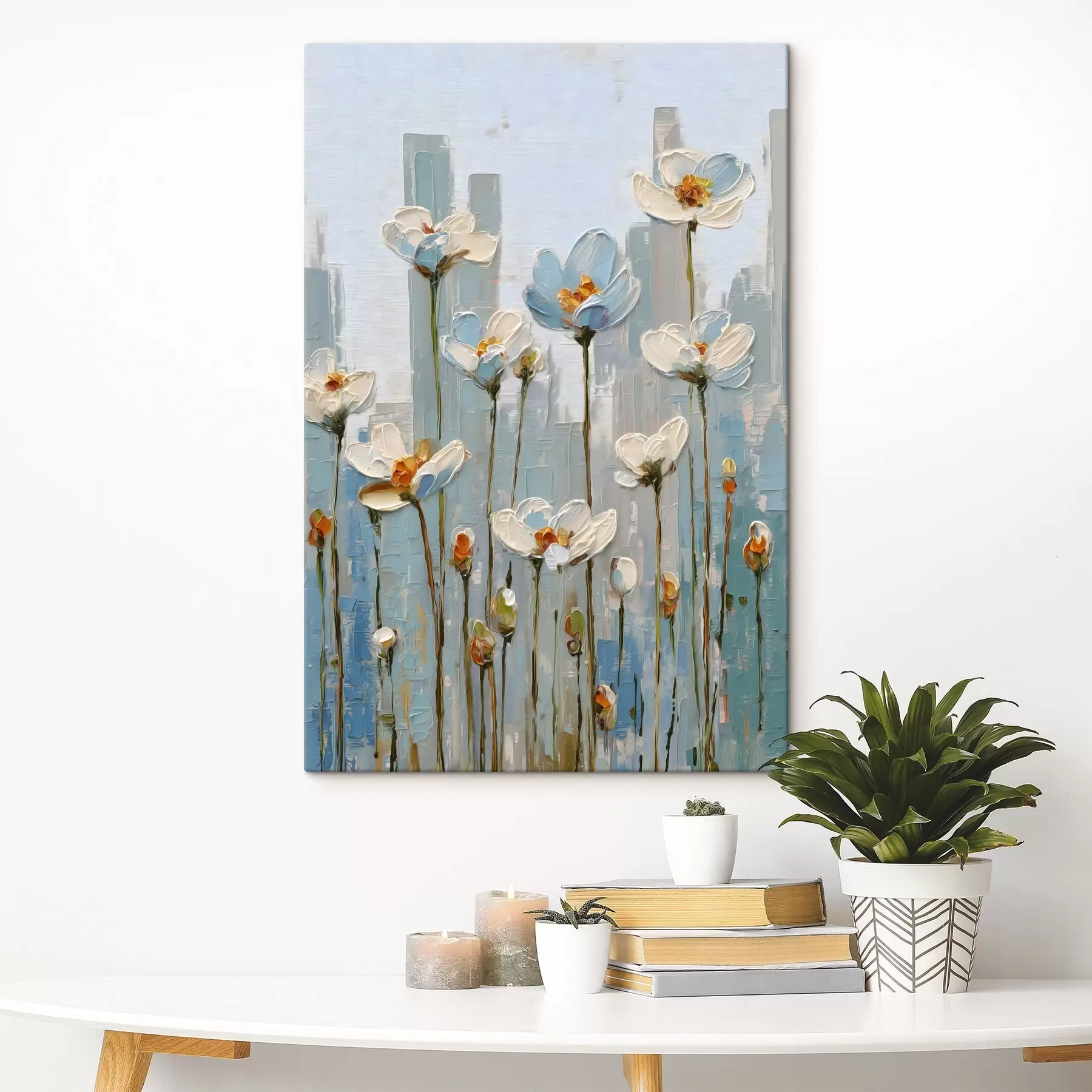  Schilderijen bloemen tegen een stedelijke achtergrond, in de stijl van een olieverfschilderij s48786