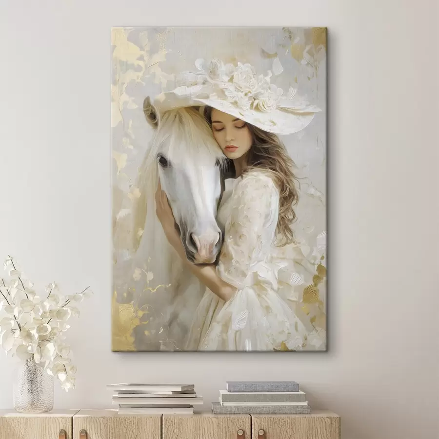  Peintures une jeune fille avec un cheval blanc, peinte dans un style à l'huile s48790