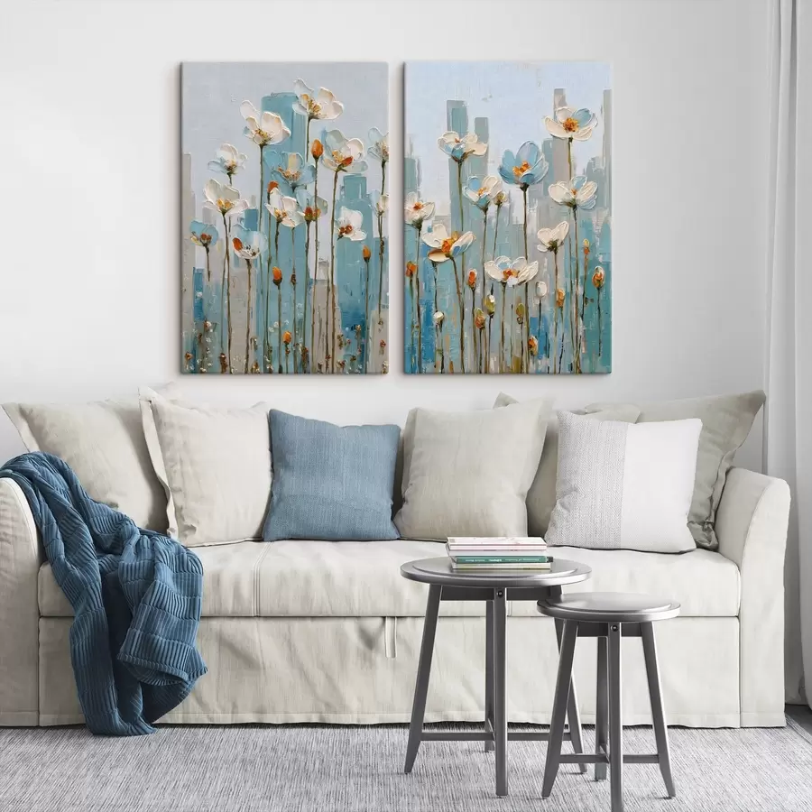 Fotobehang bloemen tegen een stedelijke achtergrond, in de stijl van een olieverfschilderij m30333