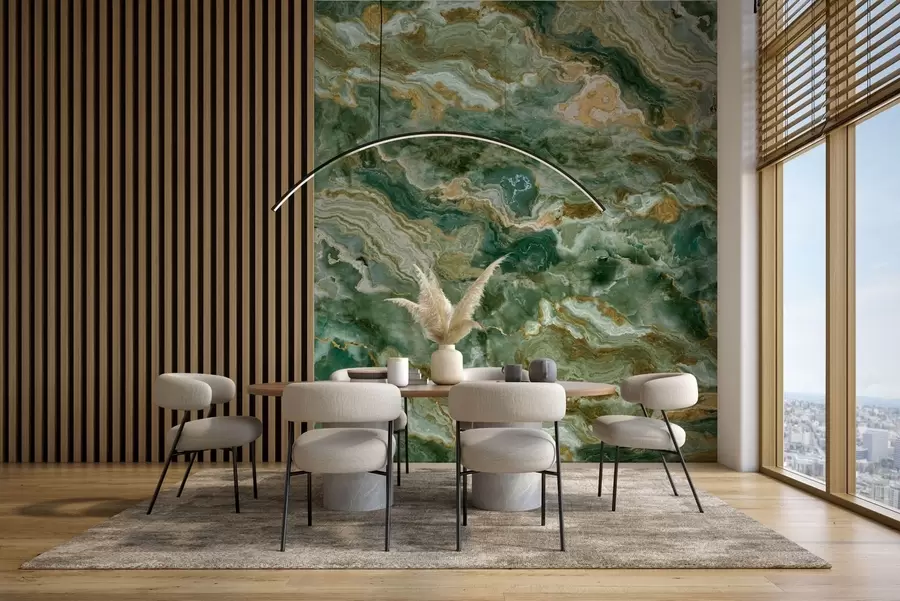 Fotobehang Groene onyxtextuur met vloeiende, gelaagde aders w05429