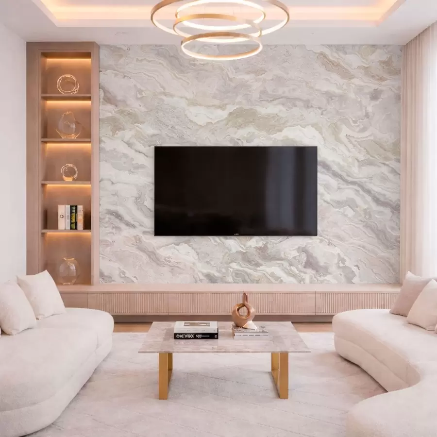 Papier peint photo Onyx clair aux veines fluides beiges et grises w05430