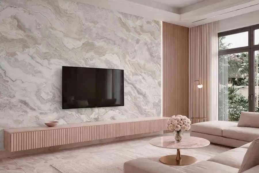 Fotobehang Licht onyx met vloeiende beige en grijze lagen w05430