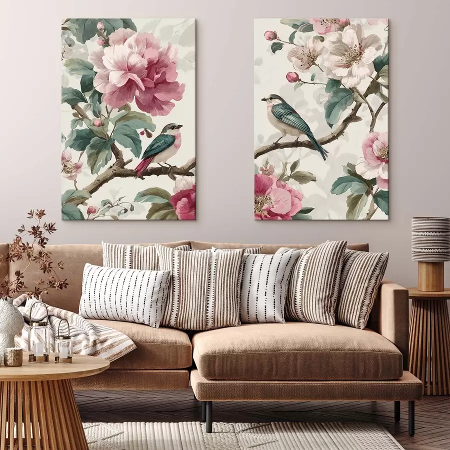 Fotobehang Vogels en tere bloemen m30384