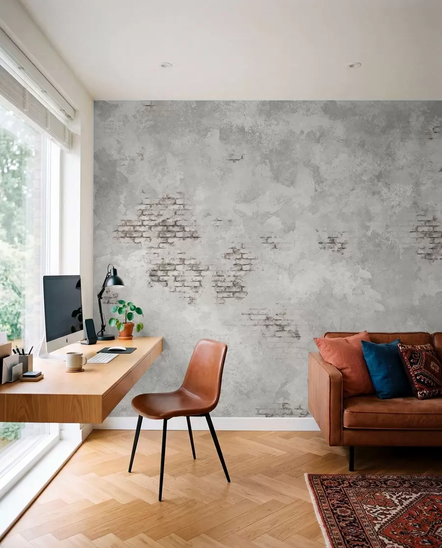 Fotobehang Grungestijl pleisterstructuur met zichtbare baksteenfragmenten w05161