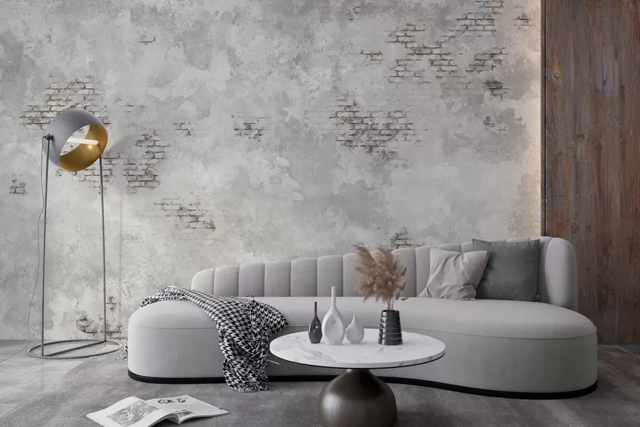 Fotobehang Grungestijl pleisterstructuur met zichtbare baksteenfragmenten w05161