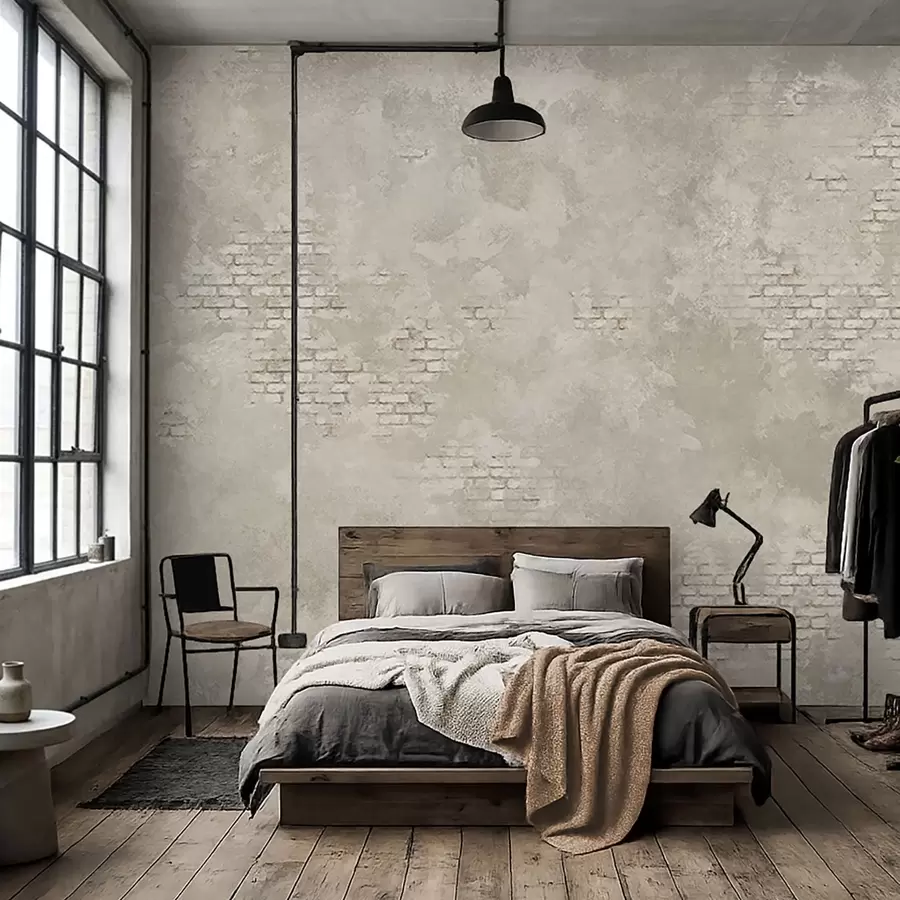 Fotobehang Lichtgrijze pleisterlaag met stukken zichtbare baksteen w05161v1