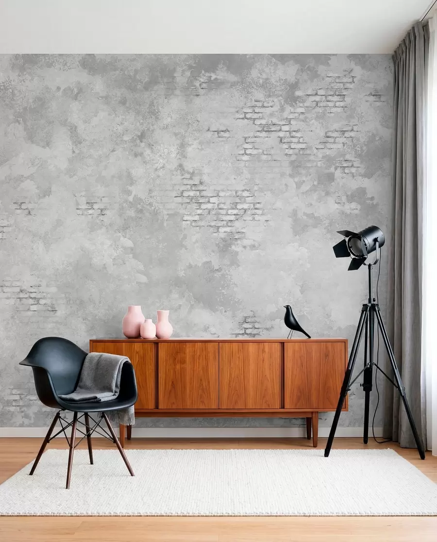 Fotobehang Grungegrijs pleisterwerk met stukken zichtbare baksteen w05161v2