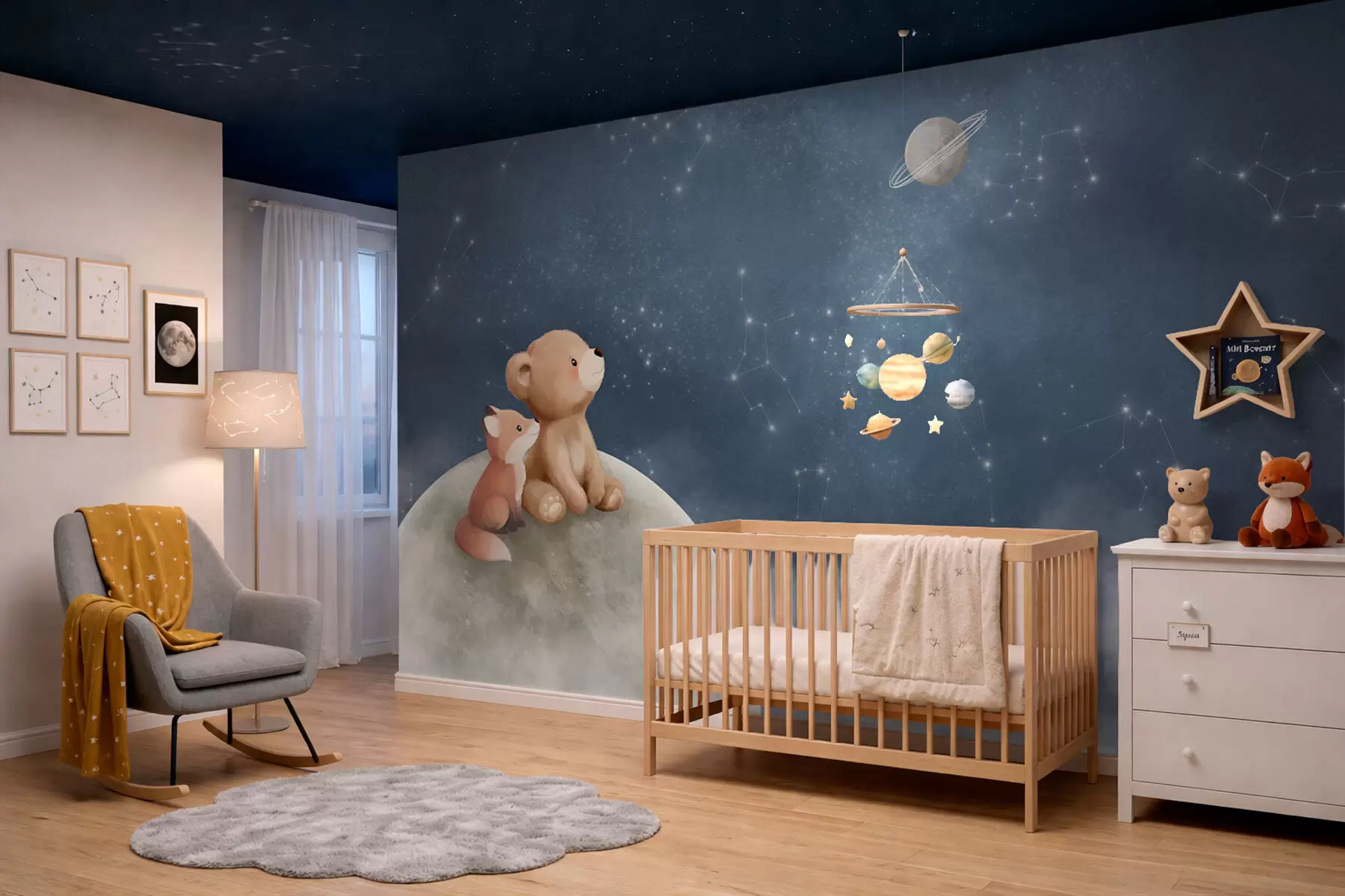 Papier peint photo Illustration au pastel représentant un ours et un renard sous le ciel nocturne w05431