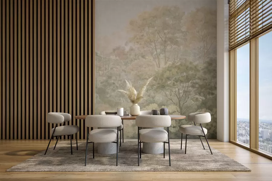 Fotobehang Vintage boslandschap in gedempte groene tinten w05433