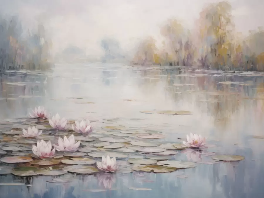 Papier peint photo Lac impressionniste avec des nénuphars et une lumière douce w05515