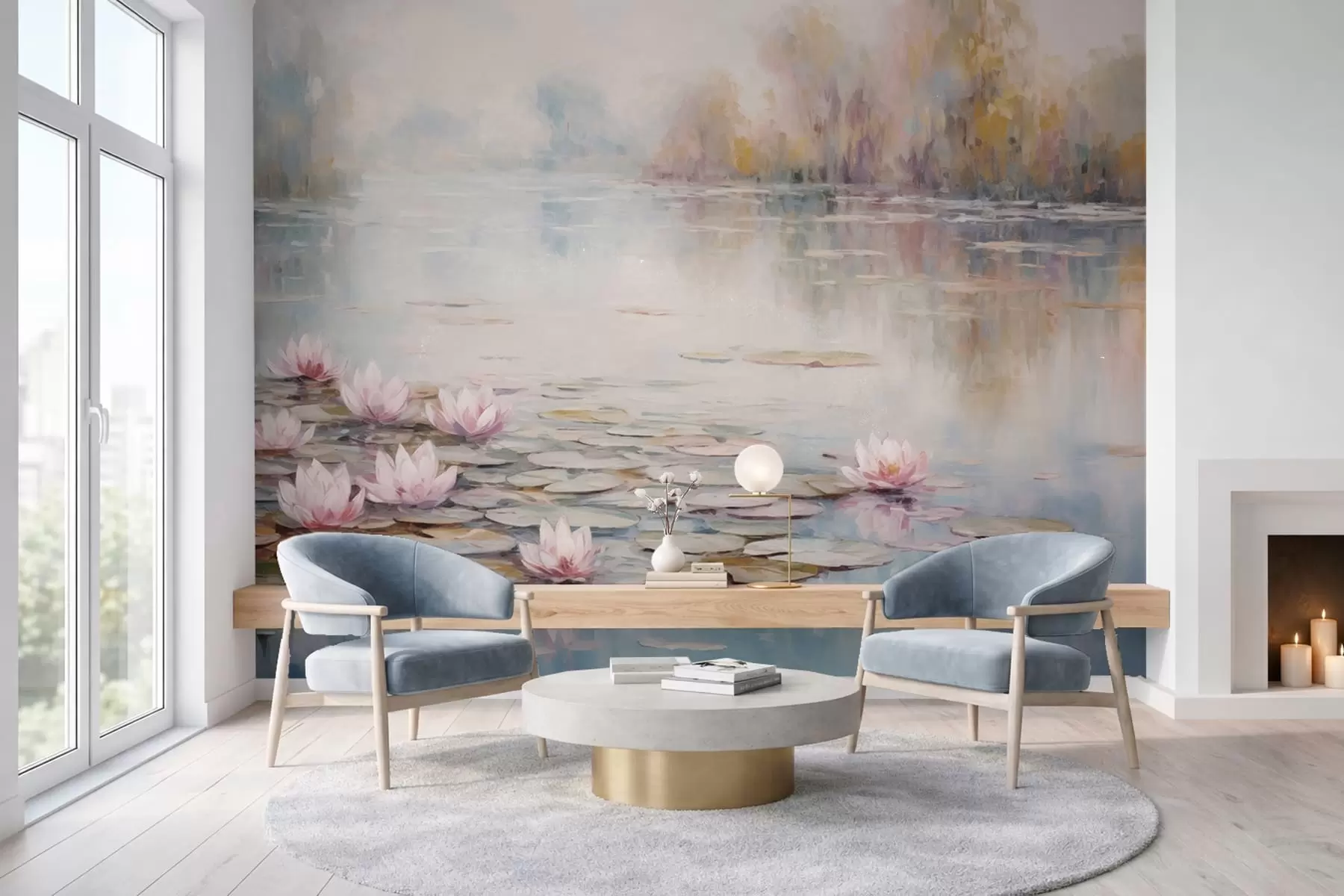 Fotobehang Impressionistisch meer met waterlelies en zacht licht w05515