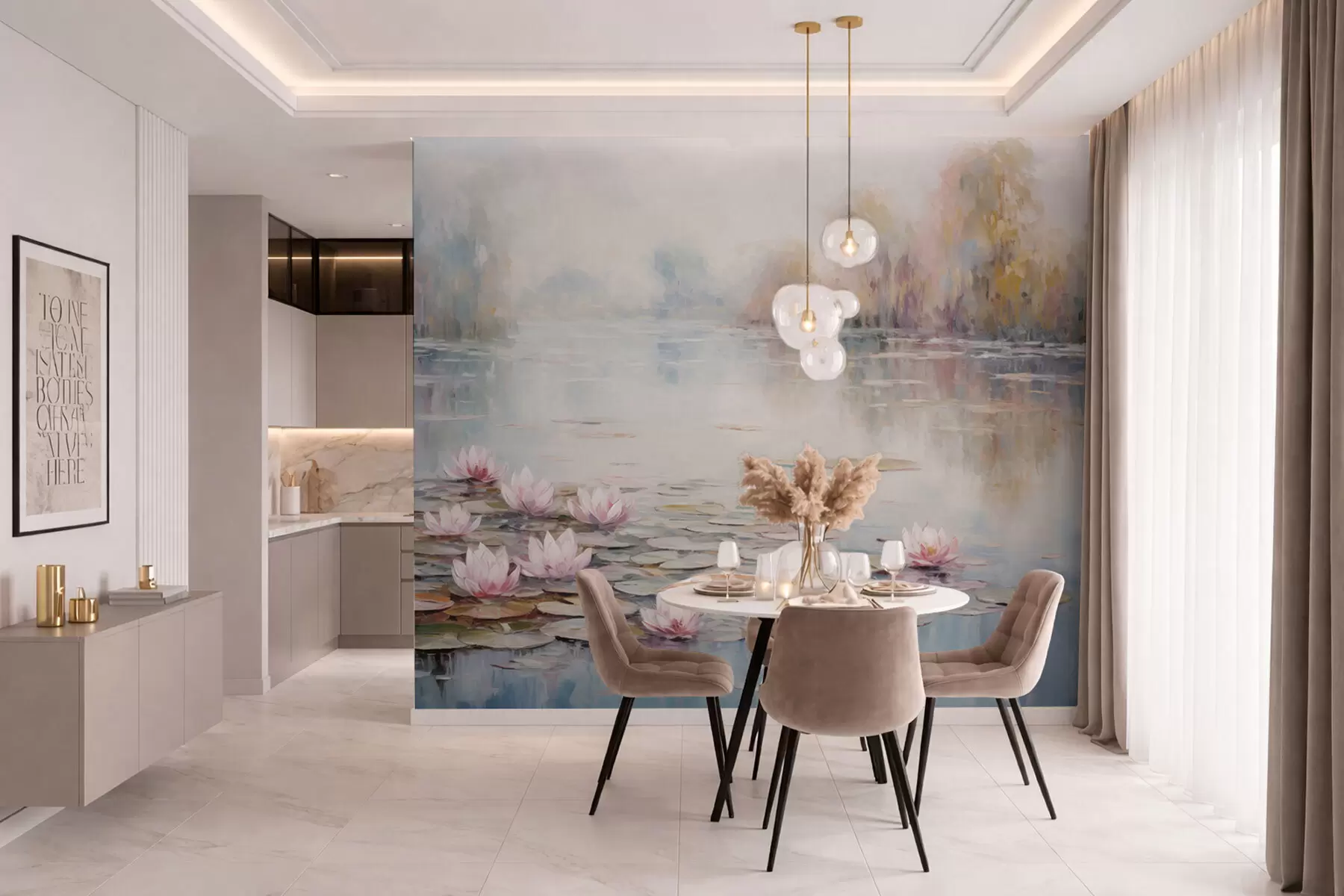 Fotobehang Impressionistisch meer met waterlelies en zacht licht w05515