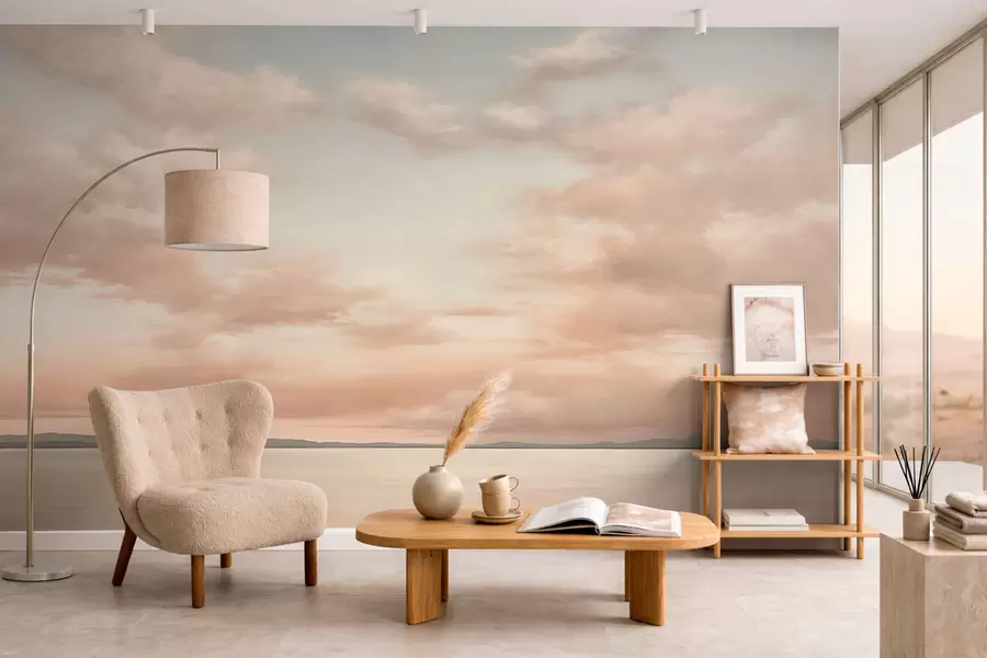 Fotobehang Minimalistische zeehorizon met pastelkleurige wolken w05516