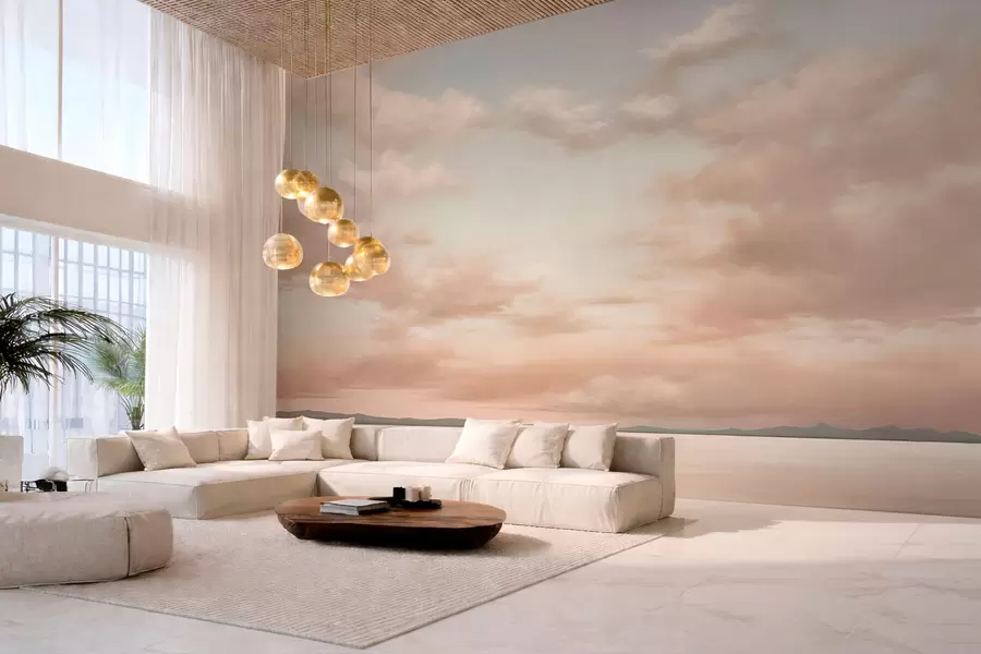 Fotobehang Minimalistische zeehorizon met pastelkleurige wolken w05516