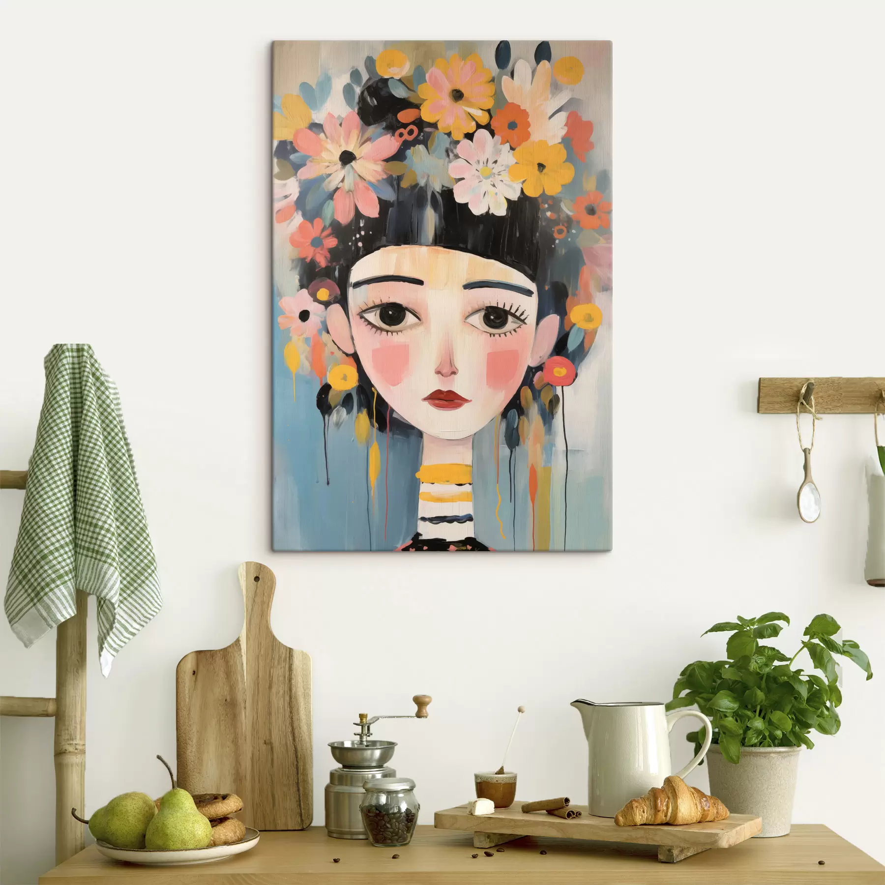  Schilderijen Portret van een vrouw met bloemen in haar haar, in abstracte stijl s48935