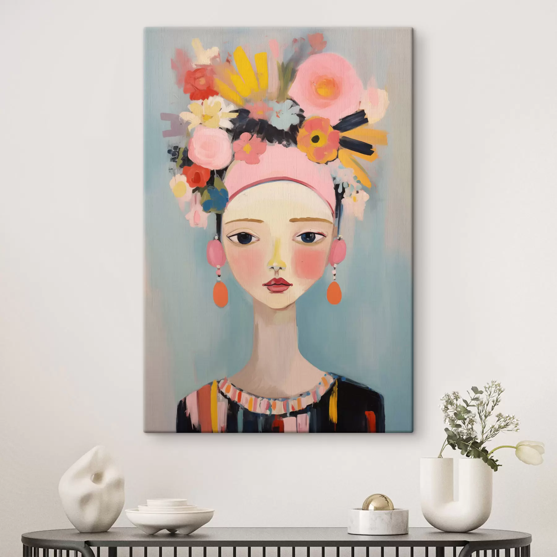  Peintures Portrait d'une femme avec des fleurs dans les cheveux, style abstrait s48936