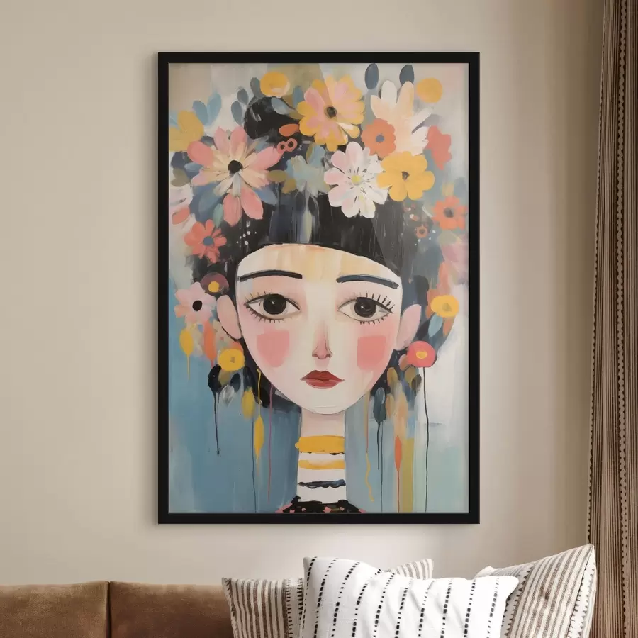 Papier peint photo Portrait d'une femme avec des fleurs dans les cheveux, style abstrait f48935