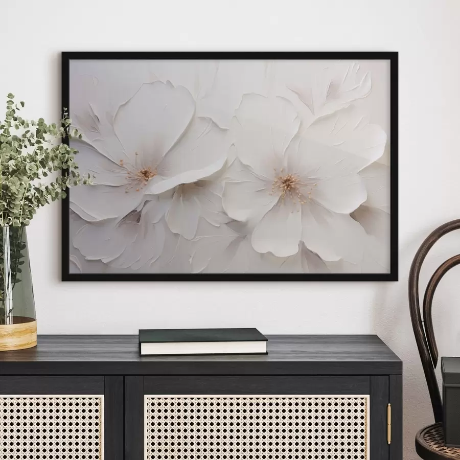 Papier peint photo Fleurs blanches en relief dans un style minimaliste, avec des ombres douces f48796
